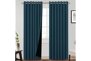 BellaHills 100% Blackout Curtains for Bedroom Thermal Insulated Blackout Curtains Heat and Full Light Blocking Eyelet Curtains for Living Room with Black Liner 2 Panels, 90 x 90 Inch, Dark Teal