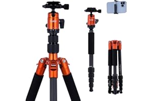 Rollei Compact Traveler No.1 Carbon Orange, 145cm Kamera Stativ Packmaß 34cm Kompakt Fotostativ mit Kugelkopf Arca Swiss Kompatibel Leicht Reisestativ mit Einbeinstativ Funktion für DSLR & Smartphone