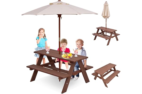 DREAMADE Table de Pique-Nique Enfant en Bois avec Parasol Amovible,Table Exterieur Enfants avec Banc,4 Places,pour Jardin,Terrasse,Patio,Balcon,89x79x50CM