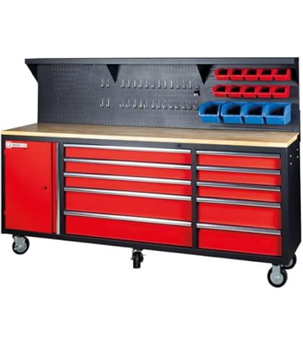 Établi Mobile Seville Classics 12 Tiroirs - 183x51x95cm Gris - Plan Hêtre - Roues Avec Frein