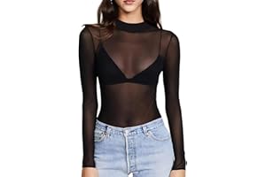 TUONYIS Hauts Transparents Femme T-Shirt à Manches Longues, Elastique Chemise Noir Manches Longues Top en Maille Sexy Blouse Sheer Tops en Filet pour Soirée Club (FR/ES, Alpha/Lettres, M, Noir)