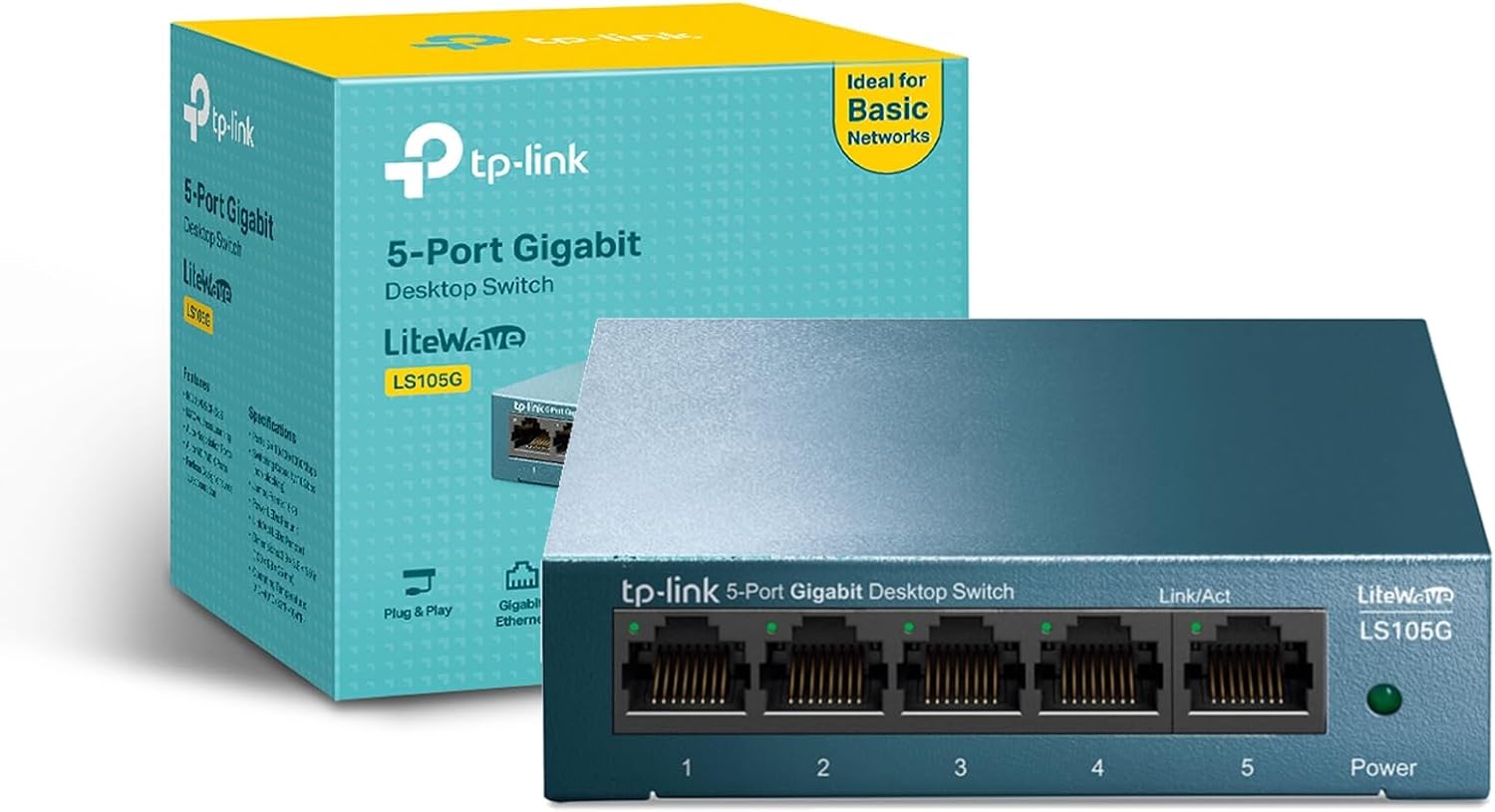 TP Link LS105G - Switch Ethernet Gigabit 5 Puertos RJ45, Plug & Play, Carcasa Metálica Resistente, Super disipación de Calor, Velocidad Estable sin retrasos, Ahorro de Energía, Silencioso, Smart TV