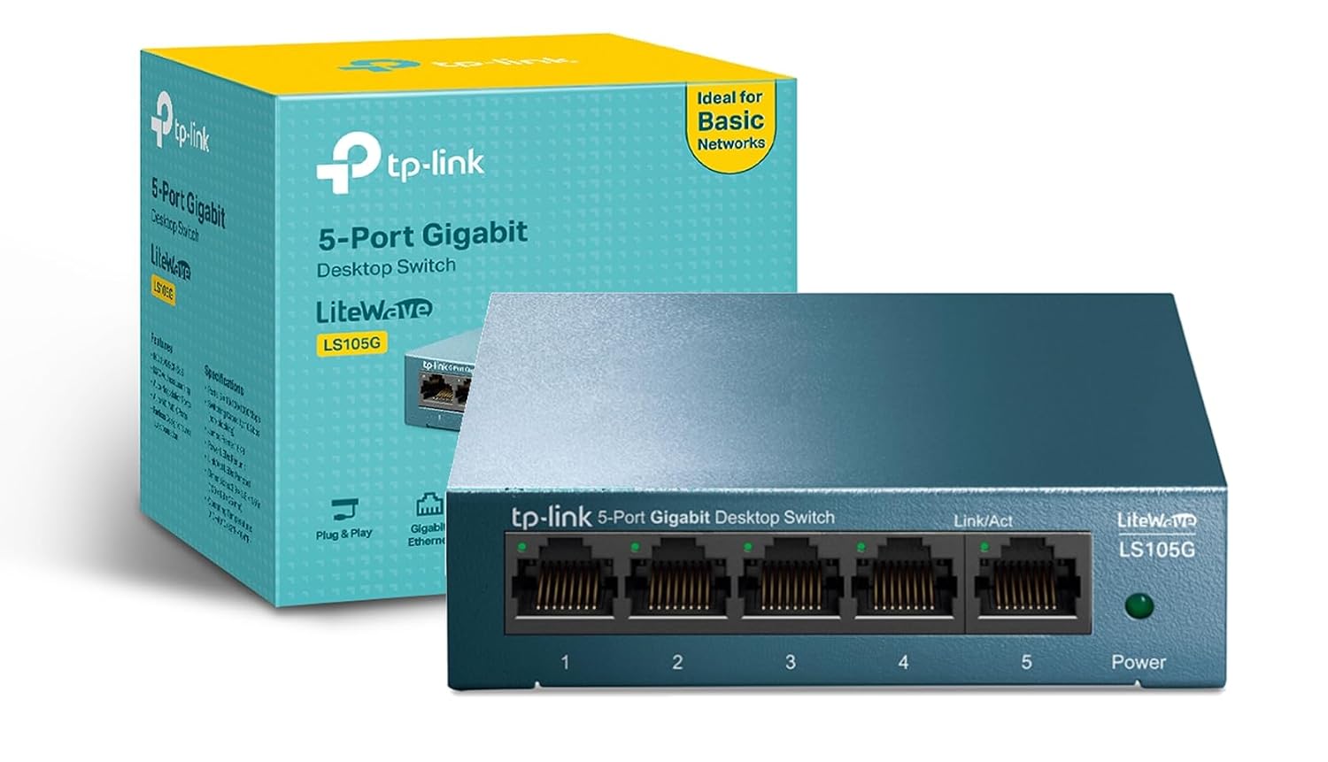 TP-Link LS105G - Switch Gigabit de 5 Puertos, Plug & Play, Carcasa Acero | Plug & Play, No Necesita Configuración. Diseño sin Ventilador, Silencioso. Carcasa Metálica. 5 Puertos Gigabit. QoS.