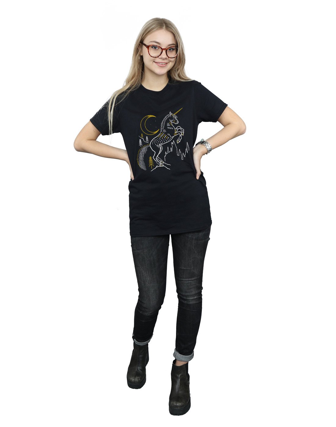 Harry-Potter-Damen-Unicorn-Line-Art-Boyfriend-Fit-T-Shirt-Schwarz-Large