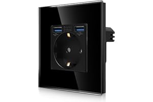 CNBINGO Pojedyncze gniazdko z 2 x przyłączem USB (2 typ-A łącznie maks. 2,1 A) – proste szkło Schuko podtynkowe – czarne gniazdko ścienne z zabezpieczeniem przed dziećmi
