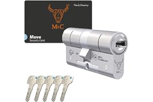 MANDOS PARA GARAJE.COM M&C Move Bombín Cerradura Alta Seguridad Anti Topolino Leva Larga Doble Embrague Seguridad Máxima SKG 3 Estrellas 32x32mm Anti Bumping Anti Taladro Níquel Pulido 5 Llaves Incluidas