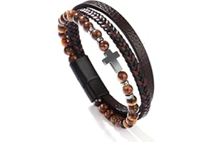 Lucktao kreuz Armband Herren,Herren Lederarmband,Jesus Christus Kruzifix Kreuz Armband,Naturstein Geflochten Armband mit Magnet Verschluss,Lavasteine Diffusor Armreif Schmuck Geschenke Für Männer