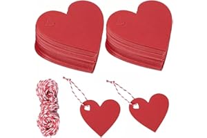 NOPKESV 100Pièces DIY Glücksbringer Geschenkanhänger,coeur Kraft papier,Étiquettes Kraft,Corde rouge et blanche de 10 mètres,convient pour l'anniversaire,le mariage,Noël,papier cadeau