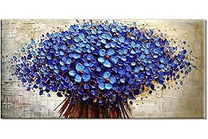 QUANHUA Pittura Ad Olio Dipinto A Mano al 100% Paesaggio Astratto 3D Fiori blu Textured Palette Knife Dipinti Ad Olio su Tela Dipinto A Mano Moderna Quadri Decorativi Arte,A,50×100cm