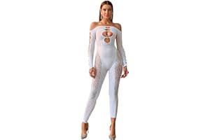 Bommi Fairy Women's Sexy Tight Hollow Out Long Sleeve Fishnet Sparkle Bright Artificial Pearls Bodystocking Rave Outfits Stretchy Suit One Size