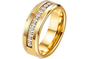 NUNCAD 8mm Mens/Ladies Ring in Tungsten Carbide Artificial Diamond Inlay Gold Plated Wedding Band Comfort Fit Size O-Y