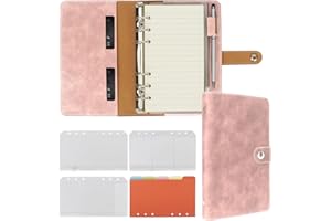 FYY Leather A6 Ring Binder Notebook, 6 Ring A6 Binder with A6 Refill Papers, Binder Pockets and Subject Dividers Paper Sheet, Travel Binder Journal Personal Planner with Ring Binder Pink