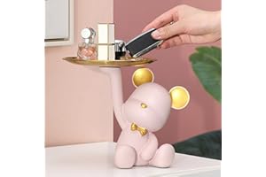 BOMKRA Key Tray for Entryway Table, Bear Statue Candy Dish for Office Desk, Trinket Dish Art Home Decor (Pink)