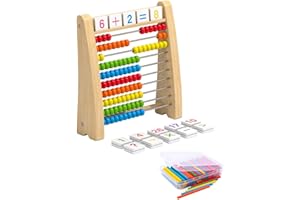 GENERIC Wooden Abacus Montessori Ten Frame Set Educational Counting Toy Math Manipulatives for Elementary Children Boys Girls Interactive Toys Gifts, with card and sticks