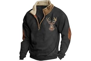 Generisch Sweat-shirt imprimé cerf de chasse pour homme avec boutonnière 1/4 - Pull à manches longues - Vintage - Haut d'hiver avec col montant - Coupe ample - Pull d'hiver surdimensionné
