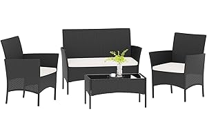 bigzzia Juego de muebles de jardín, salón de ratán, 4 asientos con mesa, 2 sillones y sofá de 2 plazas, negro