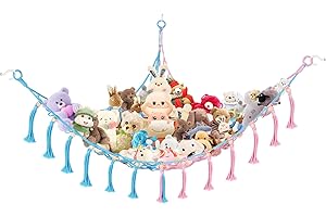 Povxlum Macrame Boho Toy Hammock for Toy Storage, Stuffed Animals Storage Net, Woven Cotton Rope Wall Corner Hanging Organizer, Teddy Storage Hammock for Kids, Blue&Pink