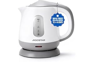 Aigostar Juliet - czajnik elektryczny o pojemności 1 litra, 1100W, Mały czajnik, Wskaźnik podwójnego poziomu wody, Zdejmowalny filtr przeciwko kamieńcowi, Podstawa 360º, Bez BPA, Szary i Biały