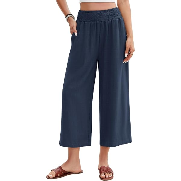 Pantalon 3/4 Femme WUWUSKY – Taille Haute élastique, Léger Et Fluide, Avec Poches Et Ceinture à Nouer (style été)