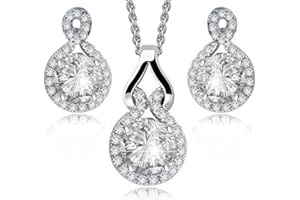 Crystalline Azuria Rotondo Cristalli di Zirconi Parure Collana con Ciondolo 45 cm Orecchini a lobo 18ct Placcato Oro Bianco