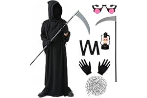 Marypaty Sensenmann Halloween Tod Kostüm für Erwachsener Kinder Herren, 8 Pcs Cosplay Kostüm Sensenmann Umhang Set mit Kapuze