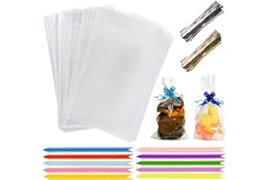 EHOM Cellophane Bags Pack of 100 (6 x 10 Inches) Food Safe Cookie Bags with 100 Mix Colors Pull Bows & Twist Ties - Clear Bag for Christmas & Halloween Gifts, Packaging Sweet bags for Hamper Making