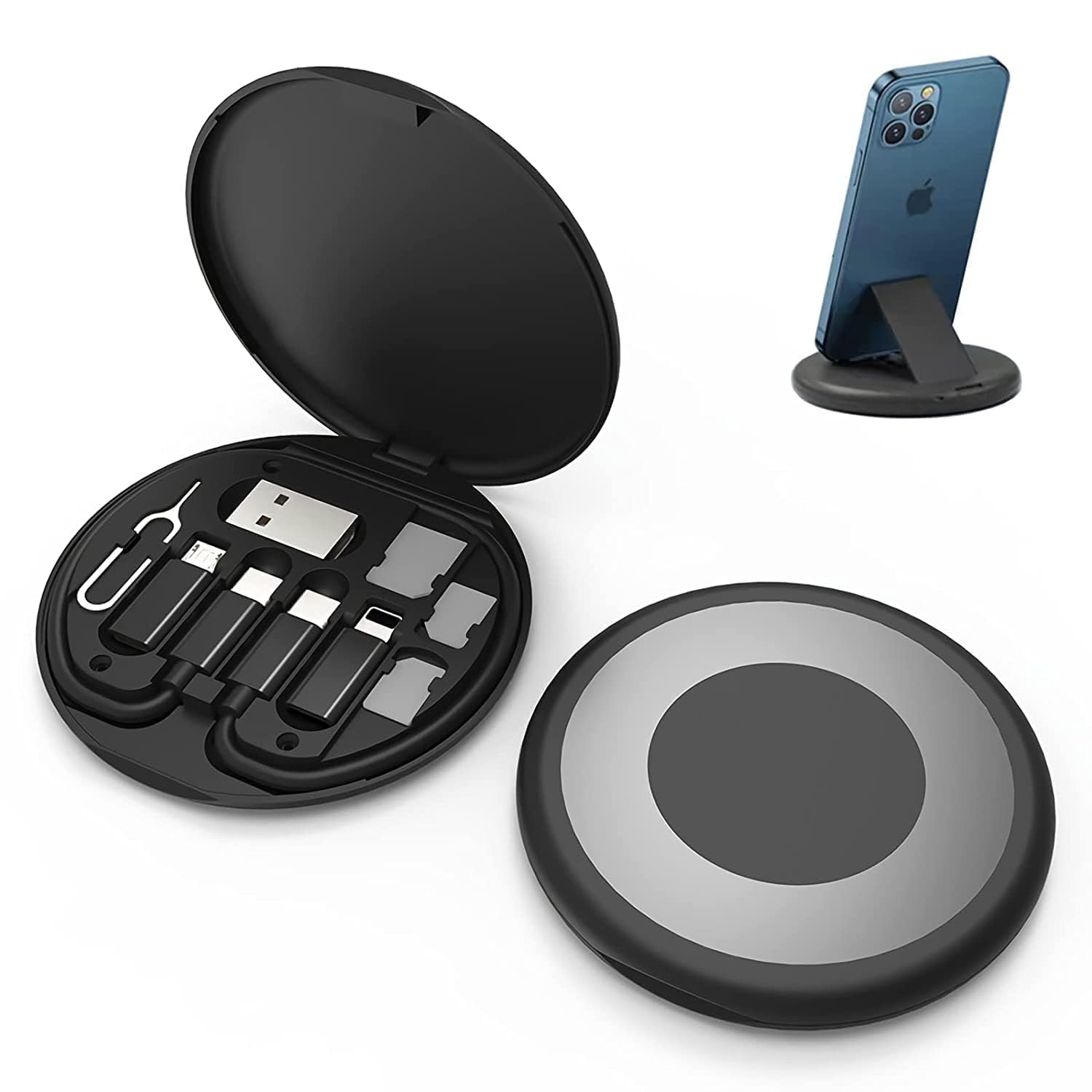 Airlife USB Adapter Cable Conversion Storage Box, Multi-Type Charging Line Convertor Lightning Type C Micro Data Transfer Tool Contains Card Slot Tray Eject Pin, Use as Phone Holder