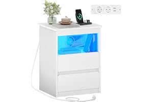 Brinlawb Nachttisch mit Steckdose und LED-Beleuchtung (2 AC-Steckdosen, 2 USB-Anschlüsse) Nachtschrank Weiss mit 2 Schubladen & 1 Fach, Nightstand Sofatisch Beistelltisch Couchtisch Nachttisch Weiß