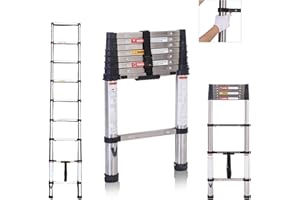 Teleskopierbare Leiter 2.6m,BOWEITI Erweiterung Schritt Leiter EIN-Knopf-Retraktion, Edelstahl zusammenklappbare Leiter Slow Down Design für Home RV Loft, 330 lbs Max Kapazität