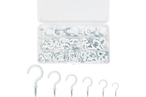 Qaziuy 100Pcs 6Sizes Screw in Hooks Cup Hooks, White Hooks Plastic Coated Ceiling Hooks for Hanging,Multipurpose Screw Hooks Mug Hooks Hangers with Storage Box