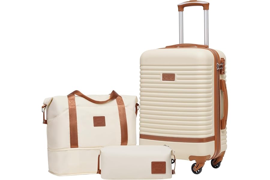 COOLIFE Suitcase Set 3PC - 20" Lightweight ABS Hard Shell Luggage + Travel Bag， Small Suitcase with 360° Wheels, TSA Locks for Family Travel, Cruise & Long Trips White/Brown