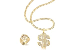 FCQLFYF Halskette und Ring, Hip Hop, vergoldete Kette mit Anhänger, Dollarzeichen, Hip Hop, Dollarring, Rapper für Unisex Party Karneval, Zink, Strass