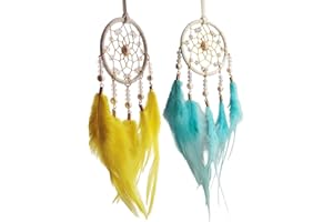 MYGLOAR 2 pezzi di acchiappasogni, acchiappasogni di piume fatti a mano, per ragazze e bambini come regali, decorazioni per auto da camera da letto per bambini, artigianato (Giallo + Blu)