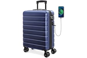 AnyZip AZ101 Handgepäck Koffer Leicht Hartschalenkoffer Reisekoffer Trolley Rollkoffer mit TSA Schloss und 4 Rollen USB（Dunkelblau,M）