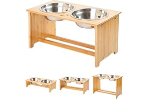 YY FOREYY FOREYY Raised Dog Bowls for Cats and Dogs - Bamboo Elevated Dog Cat Food and Water Bowls Stands Feeder Dishes with 2 Stainless Steel Bowls and Anti Slip Feet (Large - 25.4 cm high)