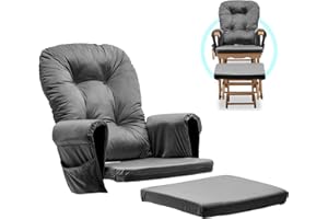 ONPNO Glider Rocker Replacement Cushions Set - 5PCS Back/Seat/Footstool/Arms Thicken Cushions for Nursery Wooden Rocking Chair Universal, Soft Velet Cover Easy to Clean, w/Storage Pocket, Dark Grey