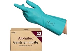Ansell AlphaTec 37-300 Gants de Travail en Nitrile, Longs et Réutilisables, Résistance Chimique et Contact Alimentaire, Protection Professionnelle Multiusage, Vert, Taille XL (12 Paires)