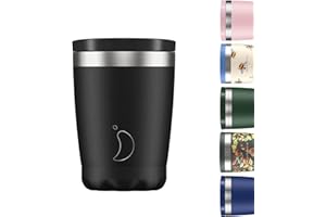 CHILLY'S Chill's Taza de Café Aislada - Tazas de Café de Pared Doble con Tapa - Acero Inoxidable - Negro Monocromado, 340ml