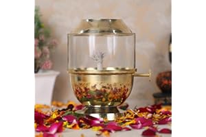 4OUR FAITH Pure Brass Akhand Jyot Diya with Borosilicate Glass Cover - Big Size Adjustable Wick Lever 250ml Oil Capacity 48-Hour Burn Time Authentic Oil Lamp for Prayer and Meditation - Gold