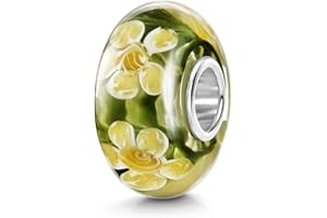 MATERIA by Matthias Wagner Glas Bead grün mit gelben Blumen Anhänger für Armband 1033