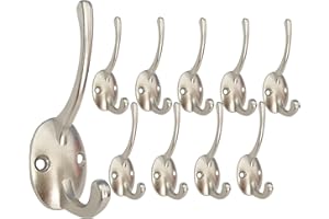 Beilala Coat Hooks for Wall, 10 Pack Silver Antique Wall Hooks Double Prong Metal for Hanging Coat, Clothes, Robe, Towel, Hat, Bag, Key