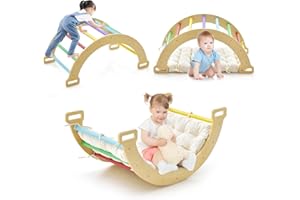 RELAX4LIFE Arco da Arrampicata per Bambini, Cavallo a Dondolo in Legno con Cuscino Morbido, Palestra Montessoriana per Bambini 3+ Anni (Colorato)