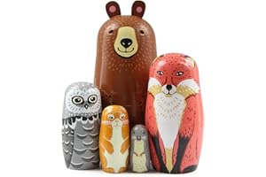 BOERNI Lot de 5 poupées gigognes en Bois à thème Animal Mignon, Ours Renard Hibou Lapin Souris Jolie poupée Russe matriochka Jouet empilable pour Enfant Noël fête d'anniversaire décoration de la Maison