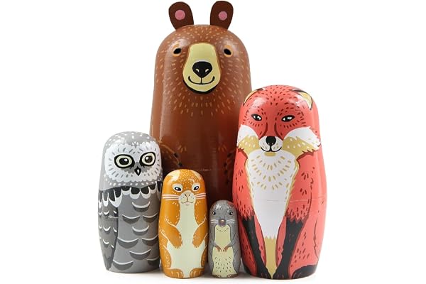 Lot de 5 poupées gigognes en Bois à thème Animal Mignon, Ours Renard Hibou Lapin Souris Jolie poupée Russe matriochka Jouet empilable pour Enfant Noël fête d'anniversaire décoration de la Maison