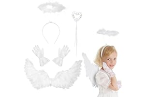 CENSEN Fairy Wings and Wand Fancy Dress Set for Kids Include Devil Angel Feather Wing Wand Headband Lace Gloves for Carnival Cosplay (White Style)