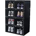 Shoe Box Premium Shoe Box 8 Pack - Front Open with Magnetic door, Transparent, Plastic Storage Box (8 Pack Front Open, Black)