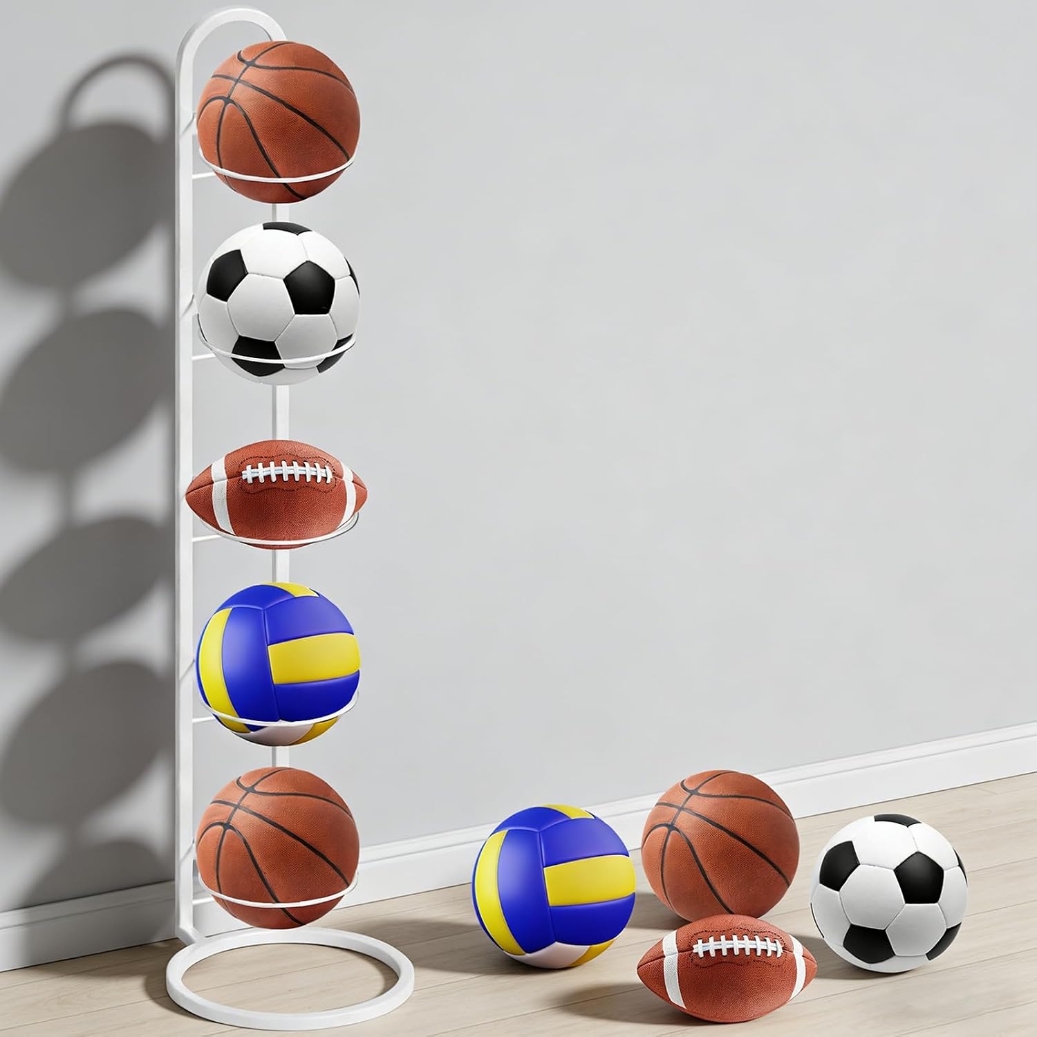 SUPRBIRD Estante vertical para pelotas de metal Blanco de 5 pisos,soporte balon futbol,Estantería para guardar balones,con armazón desmontable,apto para fútbol, baloncesto y vóley
