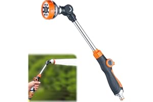 Asfrode Metalowy pręt do podlewania, 47 cm długości, z trzonkiem, wytrzymała głowica prysznicowa z 8 wzorami natryskowymi, obracana o 180°, głowica prysznicowa, kontrola przepływu kciuka, do