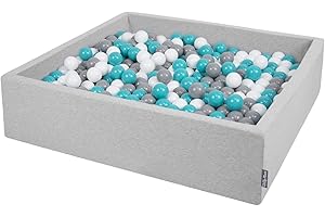 KiddyMoon Piscina De Bolas 120X30cm/200 Bolas El Cuadrado Grande para Ninos,Hecha En La UE, Gris Claro:Gris/Blanco/Turquesa