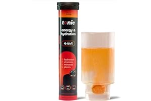 Tonic Health Energy and Hydration Tablets - 15 Vitamins, Minerals, Plants with Panax Ginseng, No Sugar Effervescent Multivitamins - Rehydration Electrolytes Tablets, Blood Orange 20 Count